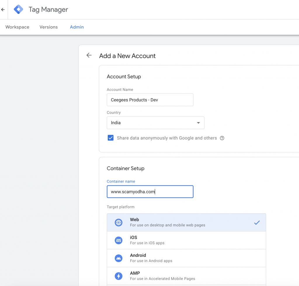 Google Tag Manager Account & Container Setup